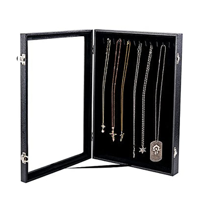 Vertical Necklace Holder Organizer,Necklace Storage,Necklace Organizer Box,Jewelry Tray with Glass Lid (Black Velvet)