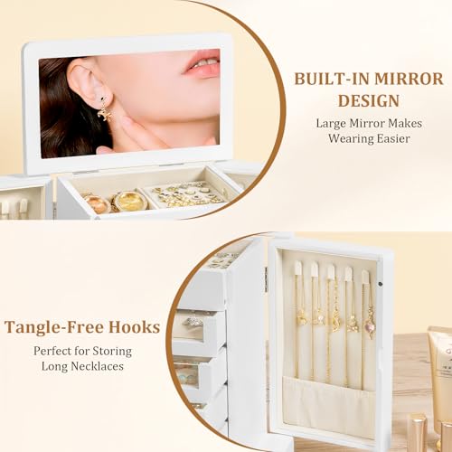 Large Jewelry Box & Organizer for Women, Wooden Jewelry Storage with 4 Transparent Drawers, Holds Necklaces, Rings, Bracelets, Earrings and Watches(White) - color: White