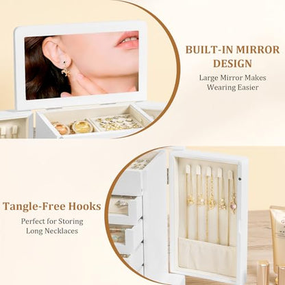 Large Jewelry Box & Organizer for Women, Wooden Jewelry Storage with 4 Transparent Drawers, Holds Necklaces, Rings, Bracelets, Earrings and Watches(White) - color: White
