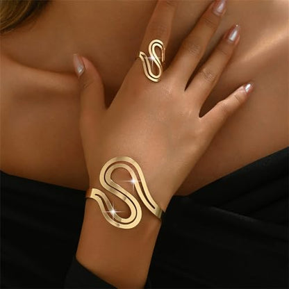 Chunky Cuff Bracelet with Ring Jewelry Set for Women Minimalist Wide Open Bracelet Simple Punk Snake Wrist Cuff Trendy Statement Jewelry