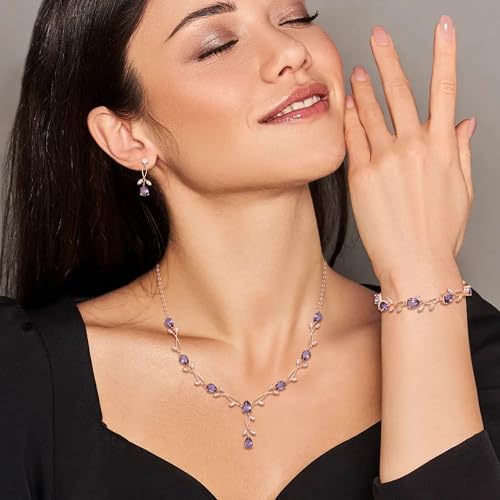 Crysdue Wedding Jewelry Set for Brides Bridesmaid, Cubic Zirconia Teardrop Marquise Leaf Cluster Pendant Necklace Bridal Tennis Bracelet Drop Earrings for Women Party Prom - style: A- CZ set-purple, rose gold