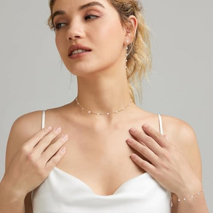 HERIER Gold Jewelry Set for Women - Dainty 14K Gold/Silver Plated Pearl Choker Necklace, Drop Earrings & Bracelets - Wedding Trendy Pearl Jewelry Gift - color: Pearl Choker Set-Gold