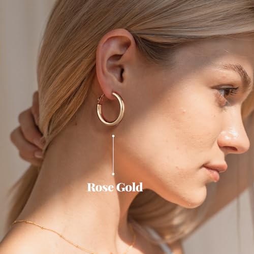 SHOWNII Chunky Gold Hoop Earrings - 14K Gold Plated Earrings for Women Hollow Tube Lightweight Thick Hoops 20/25/30/40mm Valentines Graduation Mother's Day Birthday Gifts - color: 30 Millimeters-Rose Gold Plated