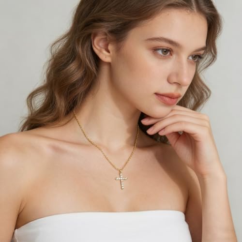 Cross Necklace for Women, Silver Cross Pendant Necklaces | 14K Gold Plated, Dainty CZ Cross Necklace, Non Tarnish and Hypoallergenic Jewelry for Women, Christian Religious Faith Gifts - color: 01-Gold-White