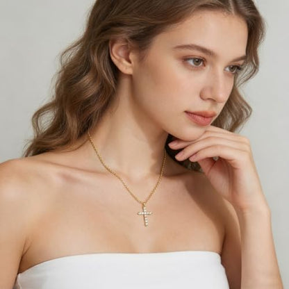 Cross Necklace for Women, Silver Cross Pendant Necklaces | 14K Gold Plated, Dainty CZ Cross Necklace, Non Tarnish and Hypoallergenic Jewelry for Women, Christian Religious Faith Gifts - color: 01-Gold-White