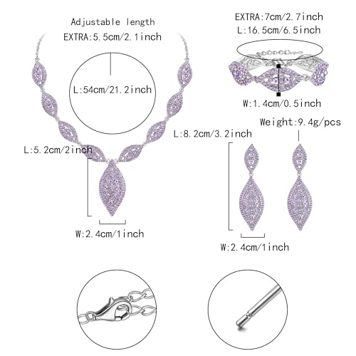 Flyonce Wedding Jewelry Set Rhinestone Crystal Bridal Leaf Necklace Drop Dangle Chandelier Earrings Sets for Women - color: Purple