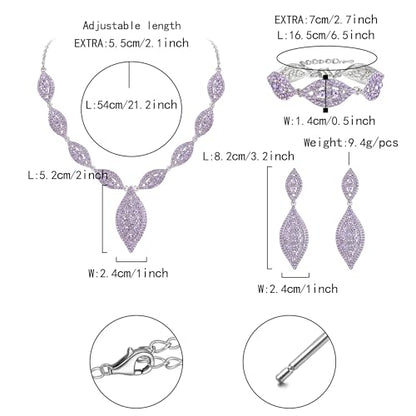 Flyonce Wedding Jewelry Set Rhinestone Crystal Bridal Leaf Necklace Drop Dangle Chandelier Earrings Sets for Women - color: Purple