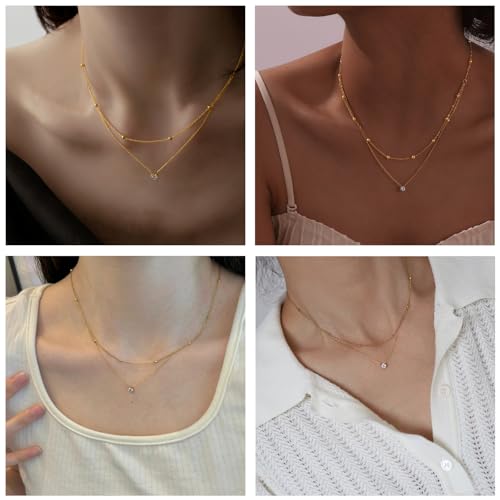 Double-Layer Cubic Zirconia Pendant Necklace For Women 18K Gold Plated Cubic Zirconia Necklaces Layered Wearing Gold Chains Dainty Chokers