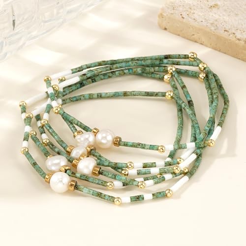 Colorful Stackable Rice Small Mini Seed Beaded Bracelets Set For Women, Handmade Dainty Boho Gold Glass Stretch Accessories Jewelry,Summer Beach Party Daily Friendship Gift - color: Green Pearl