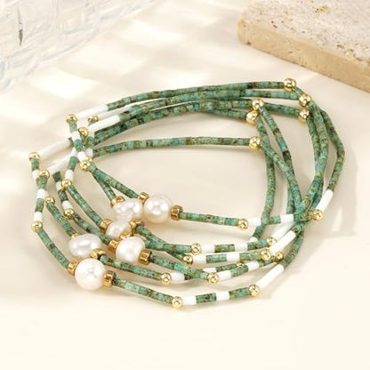 Colorful Stackable Rice Small Mini Seed Beaded Bracelets Set For Women, Handmade Dainty Boho Gold Glass Stretch Accessories Jewelry,Summer Beach Party Daily Friendship Gift - color: Green Pearl