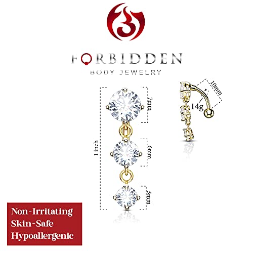 Forbidden Body Jewelry Surgical Steel Sexy Dangle Reverse Mount Triple CZ Vertical Drop Belly Button Ring - color: Gold, Round CZ's