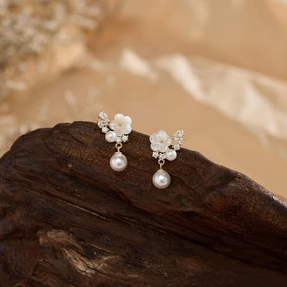 Pearl Earrings for Women Trendy, 14k Gold Plated Freshwater CZ Leaf Pearl Dangle Drop Gold Earrings Lightweight Hypoallergenic Stud Earring Bridesmaid Wedding Gold Jewelry for Women Gifts - style: small flower pearl earrings