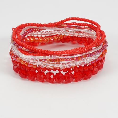 Boho Colorful Stackable Crystal Glass Beads Stretch Bracelets Multilayered Bracelets for Women Bohemian Jewelry - color: Red 9pcs