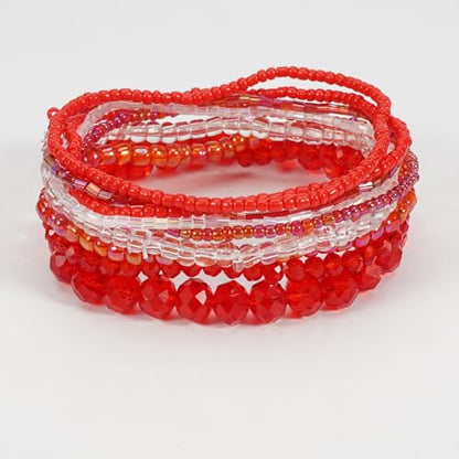 Boho Colorful Stackable Crystal Glass Beads Stretch Bracelets Multilayered Bracelets for Women Bohemian Jewelry - color: Red 9pcs