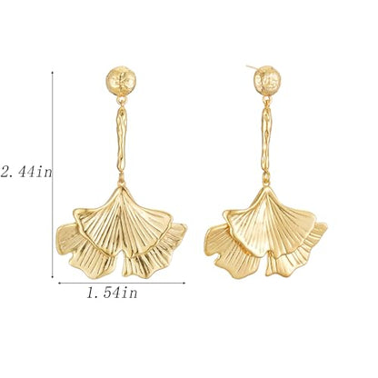 Sylph Large Gold Earrings for Women, Chunky Gold Statement Drop Dangle Earring Maple Leave Ginko Leaf Jewelry Gifts - style: Large Ginko Leaf Earrings