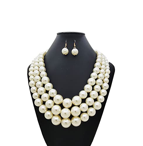 Simulated Pearl Necklace & Earring Set, Multi Strand - color: Cream