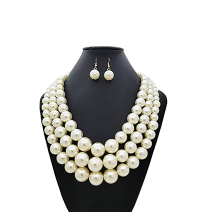 Simulated Pearl Necklace & Earring Set, Multi Strand - color: Cream