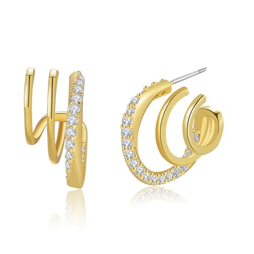 Obidos 14K Gold Plated Illusion Stud Earrings for Women | Triple Huggie Hoop Earrings for One Hole| Trendy Simple Hypoallergenic Fashion Accessories Gold Jewelry Gifts for Womens - color: Round Triple Hoops Gold