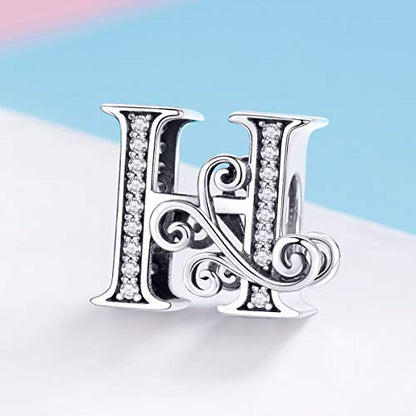 BISAER 925 Sterling Silver Initial Letter A-Z Charms for Bracelets Alphabet Beads Charm Jewelry Gifts - color: Letter H