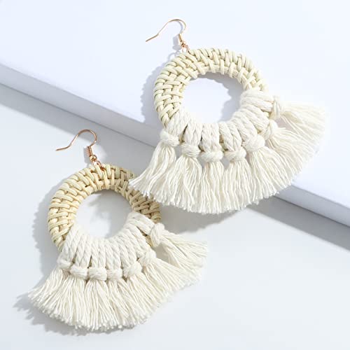 Bohemia Tassel Earrings Statement Handmade Dangle Ethnic Fringe Earrings Bamboo Weaving Geometric Square Sector Gifts for Women - color: round white