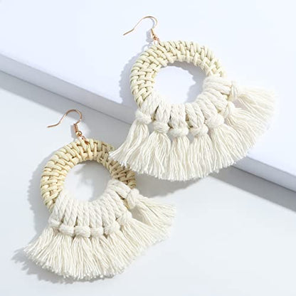 Bohemia Tassel Earrings Statement Handmade Dangle Ethnic Fringe Earrings Bamboo Weaving Geometric Square Sector Gifts for Women - color: round white