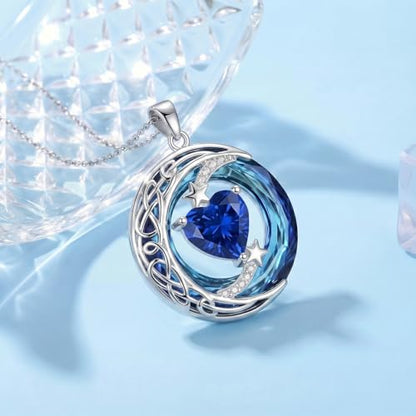 Birthstone Necklace for Women Crystal Moon and Star Pendant White Gold Celtic Moon Jewelry Birthday Graduation Gifts for Wife Her - style: Moon-9