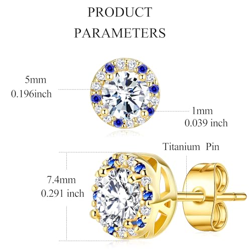 Titanium Stud for Sensitive Ears, Gold Plated Halo Cubic Zirconia Earrings - color: Round Yellow Stud