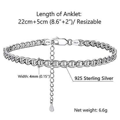 PROSILVER 925 Sterling Silver Ankle Bracelets For Women, Stylish Chain Anklets, Summer Beach Jewelry, 8.6-10.6 Inch Adjustable, Come with Box - style: 07 Mariner Anklet-4mm