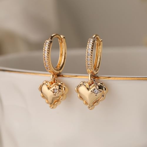 Huggie Earrings for Women - 14K Gold Plated Heart Earrings, Small Love Heart Drop Dangle Huggie Charm Earring, Dainty Huggie Hoop Earrings for Women - color: Gold-Heart-02