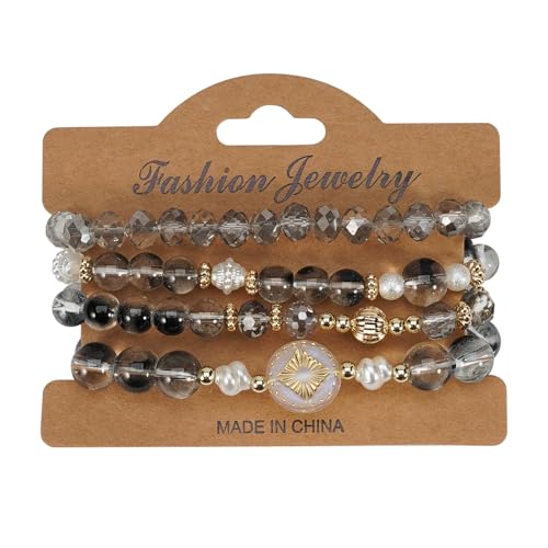 Boho Beaded Bracelet Set for Women - 4 Pcs Multilayer Stackable Crystal Glass Bead Bracelets with Faux Pearl Elastic Stretch Fashion Jewelry for Daily Wear, Beach, Party & Gifts - color: Black