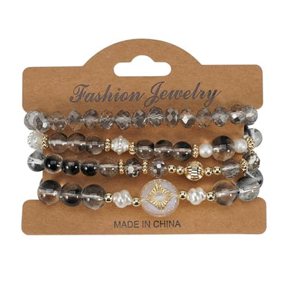 Boho Beaded Bracelet Set for Women - 4 Pcs Multilayer Stackable Crystal Glass Bead Bracelets with Faux Pearl Elastic Stretch Fashion Jewelry for Daily Wear, Beach, Party & Gifts - color: Black