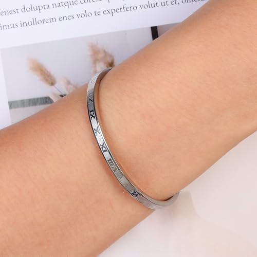 4/6/8mm Numeral Bangle Stainless Steel Engraved Unisex Bracelet Inspirational Gifts for Her - color: Silver, size: 4mm