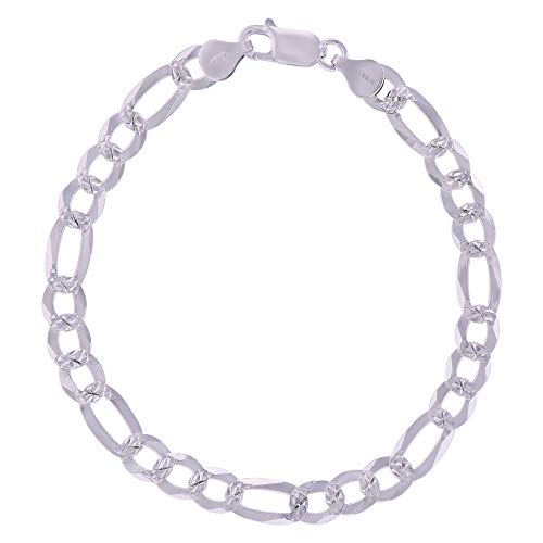 14K Gold or Rhodium Plated Silver Figaro Diamond Cut Pave Chain For Men | 1mm-13mm Thick | Solid 925 Figaro Italian Necklaces For Men - style: 6.70MM- White