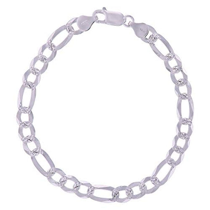14K Gold or Rhodium Plated Silver Figaro Diamond Cut Pave Chain For Men | 1mm-13mm Thick | Solid 925 Figaro Italian Necklaces For Men - style: 6.70MM- White