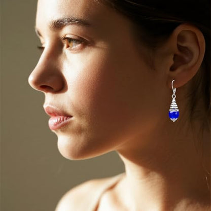 Natural 10mm Stone Beads Drop Earrings,Retro Silver Round Quartz Crystal Gemstone Beads Dangle Earrings for Women - color: A19_Blue Spinel