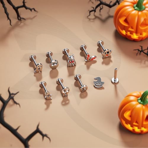 ZS 9Pcs 16G Halloween Labret Lip Rings Internally Threaded Piercing Jewelry | Bat Ghost Skull Monroe Medusa Piercing Jewelry Flat Back Conch Tragus Earrings for Women Men - color: SetA:Silver, size: L:6mm