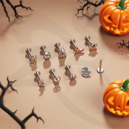 ZS 9Pcs 16G Halloween Labret Lip Rings Internally Threaded Piercing Jewelry | Bat Ghost Skull Monroe Medusa Piercing Jewelry Flat Back Conch Tragus Earrings for Women Men - color: SetA:Silver, size: L:8mm