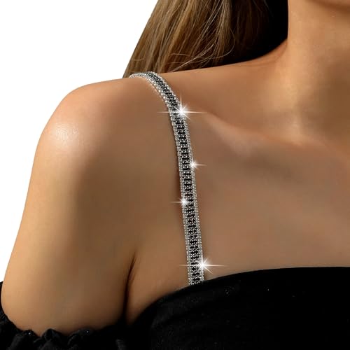 1Pair Silver Rhinestone Bra Straps,Multi-layered Rhinestones Bra Shoulder Chain,Crystal Lingerie Straps Jewelry,Wedding Bridal Rhinestone Underwear Chain for Women Dress - color: Black
