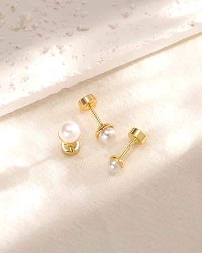 3 Pair Tiny Flat Back Earrings for Women - 14K Gold/White Gold Plated Dainty Cute Small Screw Flatback Stud Earring, Everyday Wear Gift - color: Pearl-Flat 4/5/6mm Gold