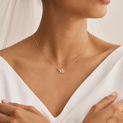 Pearl Necklaces for Women Trendy, Dainty Beaded Choker Necklace, 14K Gold Plated Station Chain, Simple Layering Wedding Prom Jewelry Gift - color: Gold Daisy CZ Pearl