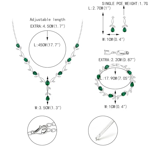 EVER FAITH Cubic Zirconia Pearl Leaf Bridal Jewelry Set for Bride Women | White Wedding Prom Necklace Dangle Earrings Bracelet, for Bridesmaid - color: CZ_Green Silver-Plated-Brass