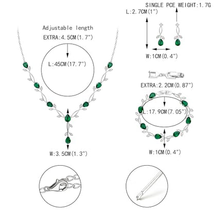 EVER FAITH Cubic Zirconia Pearl Leaf Bridal Jewelry Set for Bride Women | White Wedding Prom Necklace Dangle Earrings Bracelet, for Bridesmaid - color: CZ_Green Silver-Plated-Brass