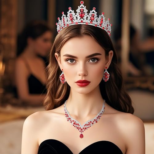 Crowns and Tiaras jewelry sets for Wedding princess birthday party Halloween Prom Pageant Jewelry for Women Crystal Bridal Jewelry Set for women - color: Silver Red