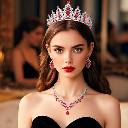 Crowns and Tiaras jewelry sets for Wedding princess birthday party Halloween Prom Pageant Jewelry for Women Crystal Bridal Jewelry Set for women - color: Silver Red