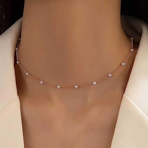 Gold Pearl Necklace For Women - 14K Gold Plated Layered Herringbone Chain Pearl Necklace, Trendy Simple Gold Jewelry Gift - color: Pearl Choker-Gold