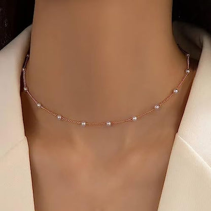Gold Pearl Necklace For Women - 14K Gold Plated Layered Herringbone Chain Pearl Necklace, Trendy Simple Gold Jewelry Gift - color: Pearl Choker-Gold