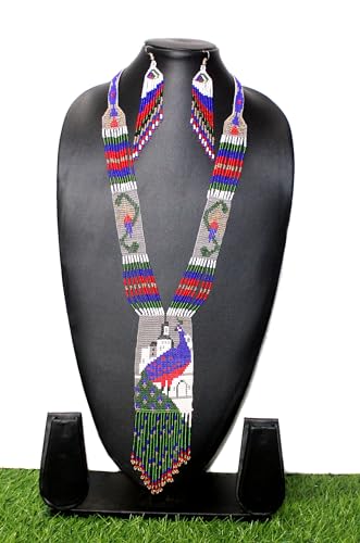 Long Beaded Necklace – Boho Native Handmade Seed Bead Tassel Necklace, Bohemian Large Statement Beaded Necklace for Women - color: Golden Grey Black White