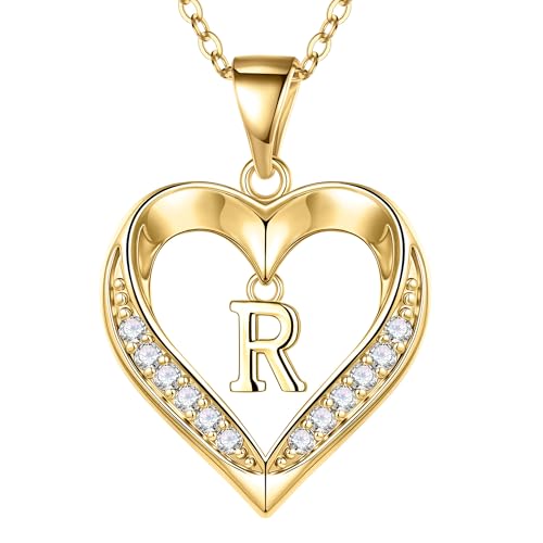 Turandoss Heart Initial Necklaces for Women - Dainty 14K Gold Plated CZ Heart Pendant Necklace with Tiny Letter A-Z, Non Tarnish Waterproof Trendy Jewelry Gifts for Mom Wife Girlfriend - color: Gold, style: R
