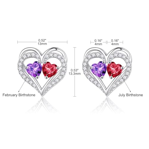 Heart Earrings for Women - Birthstone Earrings | 925 Sterling Silver, Stud Earrings, Gift Box Packaging, Anniversary Birthday Gifts for Women Wife Girlfriend Mom - color: 02-07-Feb-Jul Birthstone