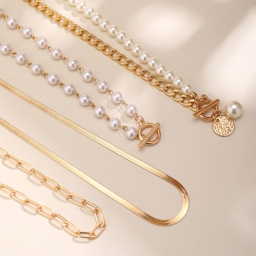 Chunky Pearl Layered Necklaces for Women Gold Big Statement Choker Necklace Set Charm Pearl Coin Pendant Necklace Trendy Jewelry Accessories Gifts - color: Gold1